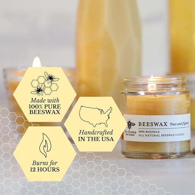 Big Dipper Wax Works Beeswax Glass Candle, Unscented 3.2 oz Apothecary Jar with Lid, 100% Pure Beeswax, Clean Cotton Wick, Reusable Glass, 20-Hour Burn, 2" x 2.5"