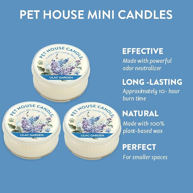 Pet House Mini Candles for Pet Odor Made with Natural Soy Wax, Plant Based, Dog and Cat Friendly Scented, Lilac Garden Pack of 3