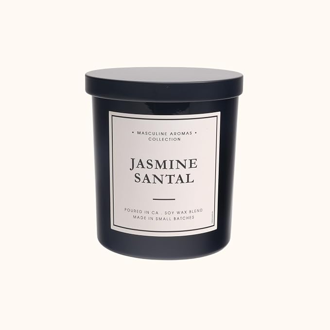 LEOBEN CO – Jasmine Santal Scented Candle – 9oz, Masculine Collection Design – 50 hr Burn Time – Poured in California Using Vegan Soy Wax and Essential Oils – Made in Small Batches