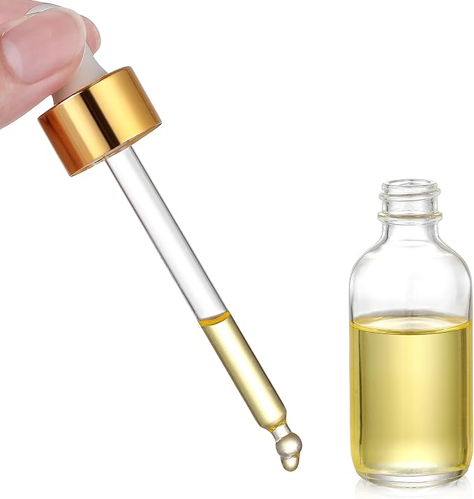 AOZITA 4 Pcs, 1 oz Golden Cap Clear Dropper Bottles (30ml) with 1 Funnel & 4 Labels - Glass Tincture Bottles with Eye Droppers - Leakproof Essential Oil Bottles for Health, Personal Care & Beauty