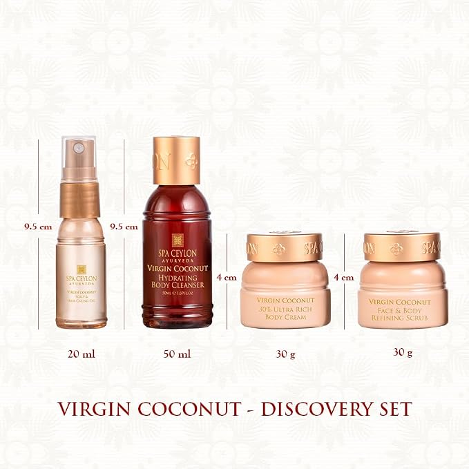 Spa Ceylon Ayurveda Virgin Coconut Discovery Set – 4-Piece Natural Body & Hair Gift Set – Body Cleanser, Ultra-Rich Body Cream, Hair Oil & Face Body Scrub, Cold Pressed Ceylon Coconut