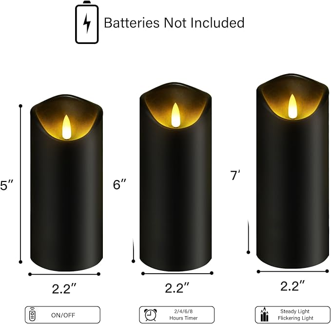 kakoya Flickering Flameless Candles, Battery Operated Plastic LED Pillar Candles with Remote Control and Timer, Set of 9 (Black)