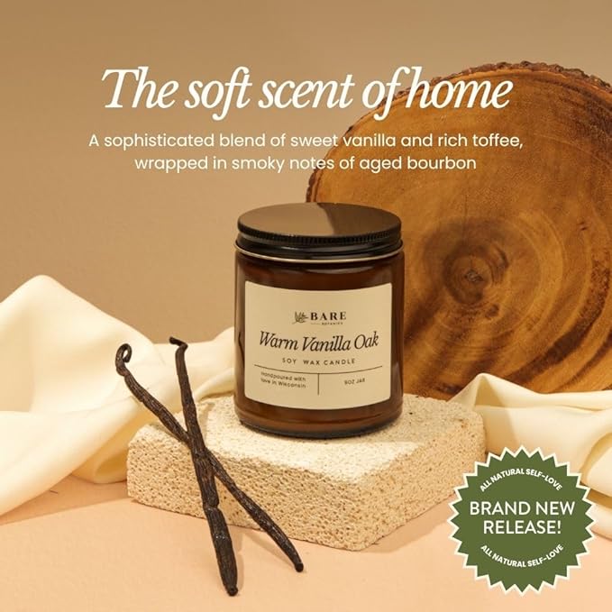 Bare Botanics Non-Toxic Warm Vanilla Oak 9oz Soy Candle - 100% Plant-Based Fragrance Oils - Handpoured in WI - 40+ Hrs
