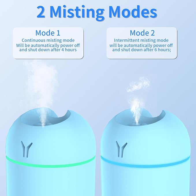 Portable Mini Humidifier, 250ML Small Humidifier, 3-in-1 Colorful Mini Humidifier + Night Light + Car Humidifier, Cool Mist Humidifier with Aroma Pads, USB Portable Humidifier For Travel (Blue)