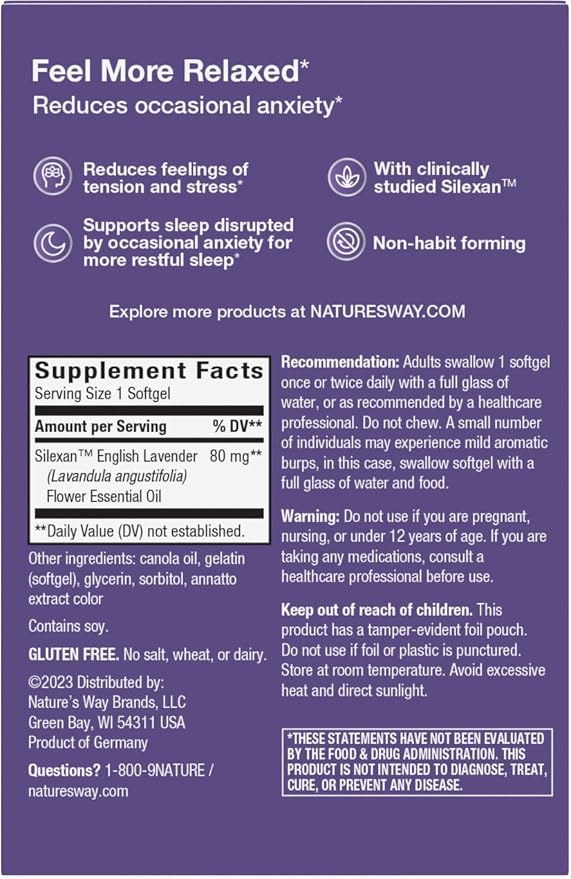 Nature's Way CalmAid Lavender Oil Supplement for Calm & Stress Support*, Clinically Studied Silexan Lavender Oil, Non-Drowsy, Daily Softgels, 30 Count