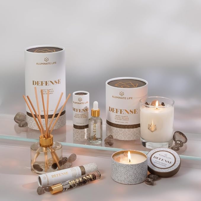 Luxury Candle Tin, 6 OZ, Defense - Smoky Quartz Crystal Infused - Scents of Frankincense, Neroli, & Sage - Detoxify, Ground, & Fortify - Coconut Wax Blend, Essential Oils