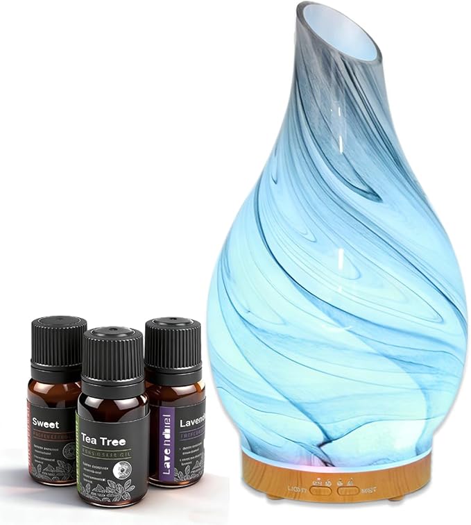 Glass Essential Oil Diffuser with 3 Aromatherapy Oils,200ml Small Humidifier for Bedroom with Timer,7 LED Color Lights for Office Home Room Decor Gifts for Women Men