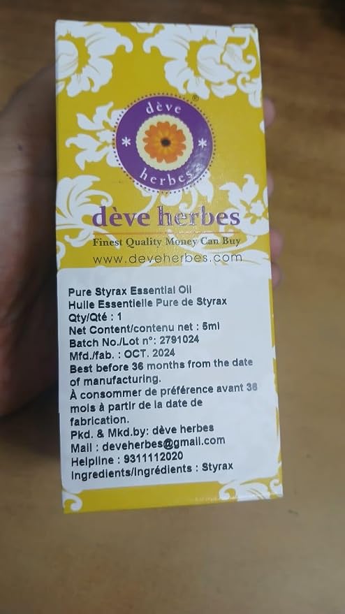 dève herbes Styrax Essential Oil (Liquidambar styraciflua L) Pure | Non-Sticky | Non-Greasy | Lightweight | Men & Women | All Skin Types | Steam Distilled 5ml (0.16 oz)