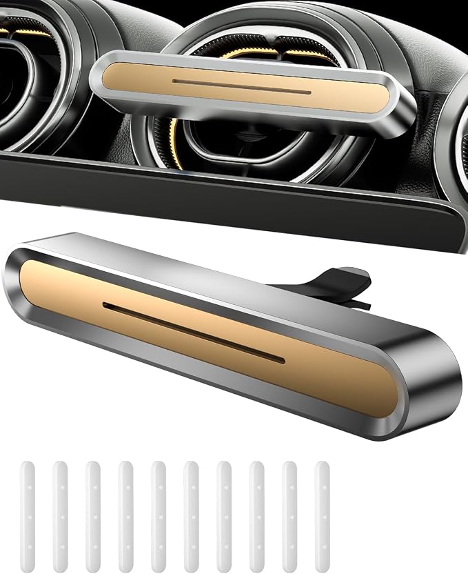 Car Air Freshener Vent Clip, Premium Alloy Essential Oil Diffuser, Includes 4 Scented Essential Oil Sticks and 6 Unscented DIY Refill Sticks (Golden, Floral & Clean)