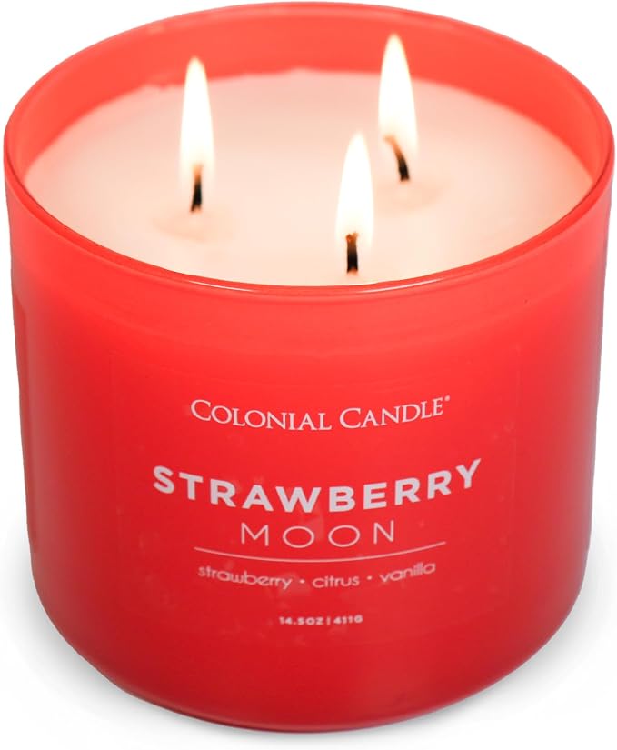 Colonial Candle Strawberry Moon Scented Jar Candle, Pop of Color Collection, 3 Wick, 14.5 oz - Up to 60 Hours Burn