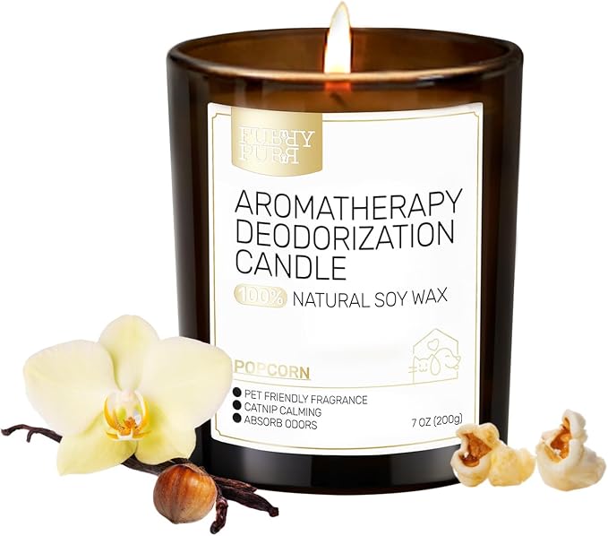 Odor Eliminating Candle, Vanilla Popcorn Scented Candle, Pet-Friendly Soy Candles, 60 Hours, 7 oz