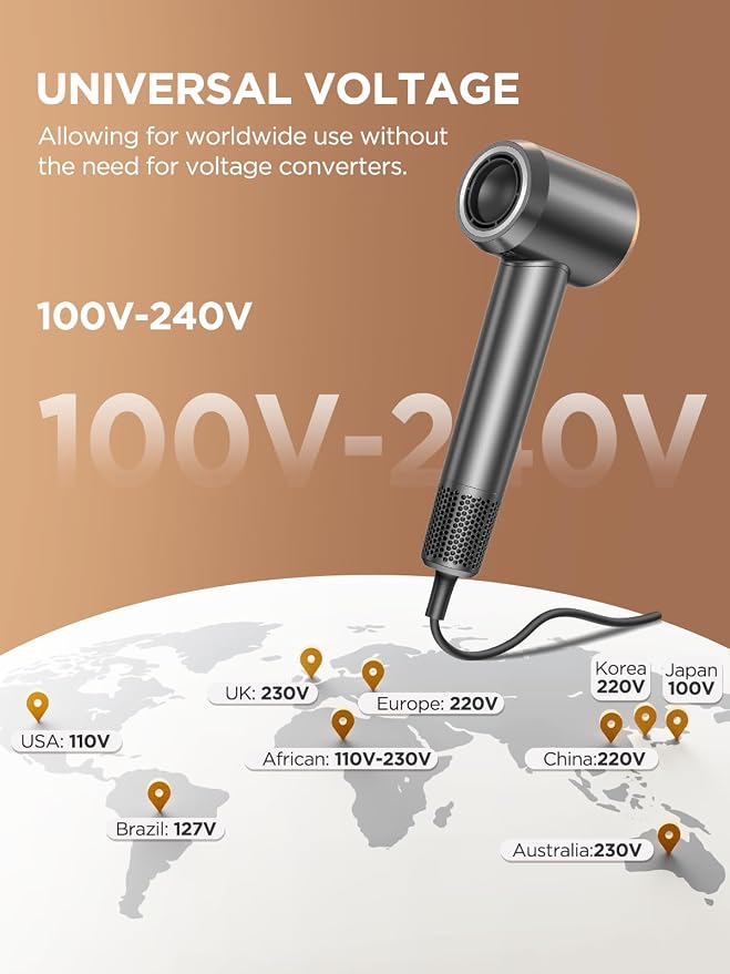 Dual Voltage Travel Hair Dryer with Diffuser, High-Speed Ionic Blow Dryer for Women, Fast Drying, Low Noise, Lightweight, No Heat Damage, European Travel 110V-120V/220V-240V