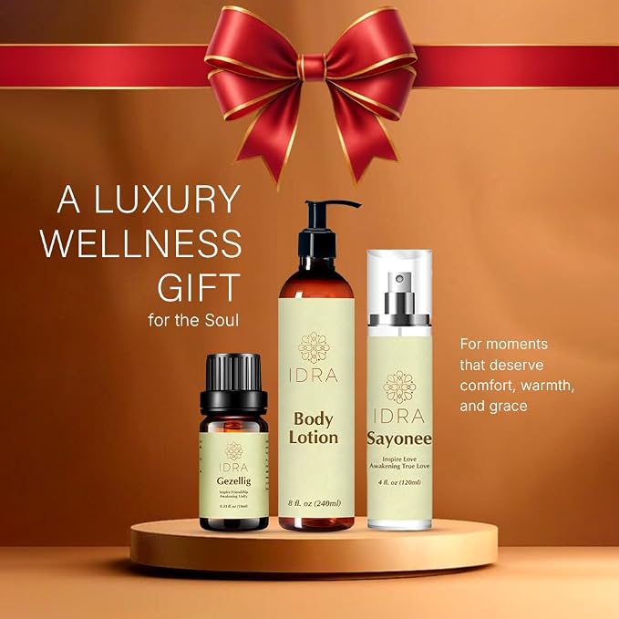 IDRA Heart & Home Gift Set – Self-Care Trio with Body Lotion, Face Mist & Essential Oil | Natural Aromatherapy Gift Box for Relaxation, Hydration & Home Wellness (Sayonee + Gezellig + Body Lotion)