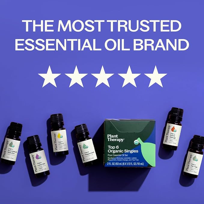 Plant Therapy Top 6 USDA Organic Essential Oil Set - Lavender, Peppermint, Eucalyptus, Lemon, Tea Tree 100% Pure, Natural Aromatherapy, for Diffusion & Topical Use, Therapeutic Grade 10 mL (1/3 oz)