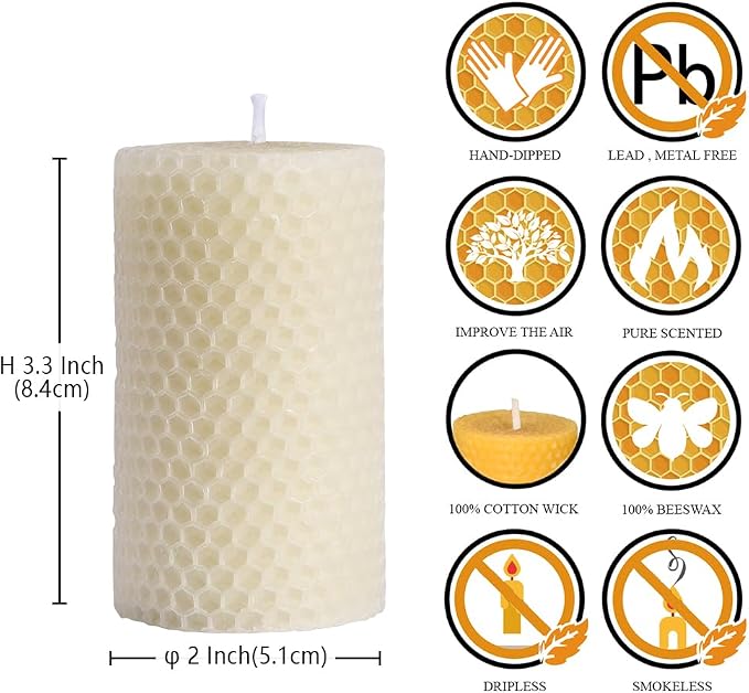 DEYBBY Cream White Beeswax Honeycomb Rolled Pillar Candles Set of 3 - Handmade Pure Organic Bees Wax Candles for Home Study Decor Housewarming Gift (2×3.3 in)