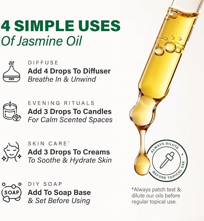 100% Pure Jasmine Oil - 4 Fl Oz Jasmine Essential Oil for Hair, Skin, Diffuser, Aromatherapy & DIY Soap Making Scent