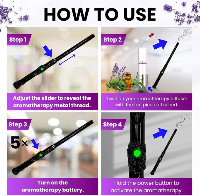 Rechargeable Aromatherapy Wand Diffuser with Adjustable Thread Design, 12-Inch Slim Battery Stick for Pocket or Bag, Includes Storage Box, Sleek Wellness Gift for Travel, Office or Daily Use (Black)
