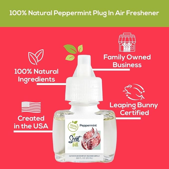Scent Fill 100% Natural Peppermint Plug in Air Freshener, Scented Oil Refills, 2 Refills + Diffuser