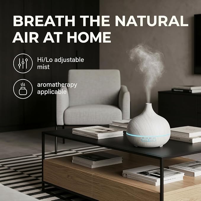 550ml Essential Oil Diffusers with Remote Control, Ultrasonic Oil Diffuser with Timer，7 Color LED Night Light and Waterless Auto-Off Functions for Home, Spa White Wood Grain