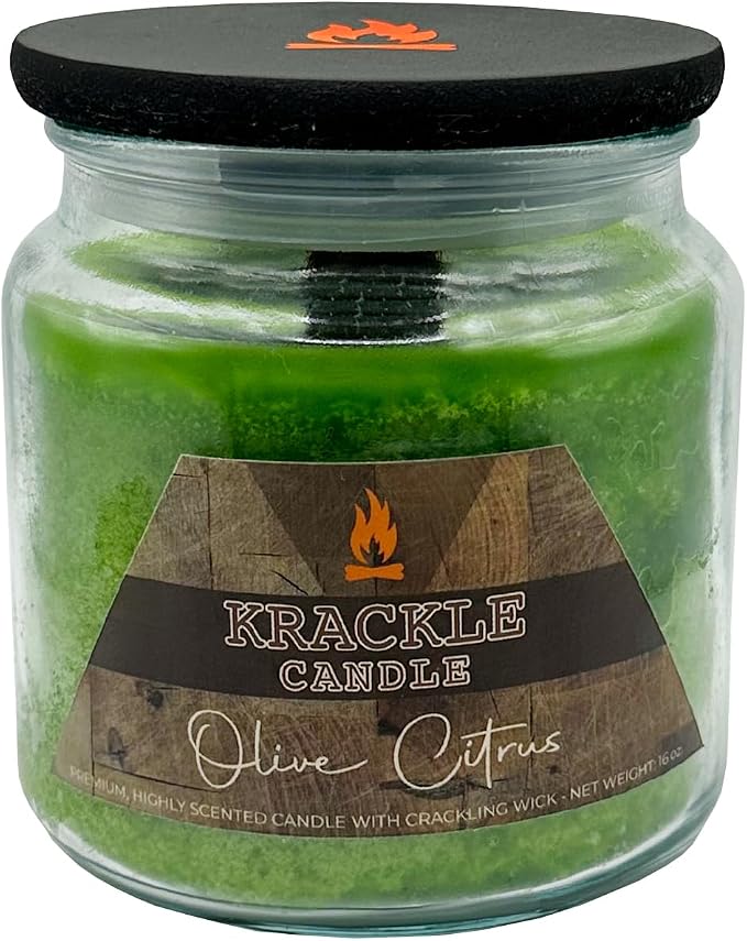 Krackle Candle | Olive Citrus | 16 oz Scented Candle with Natural Crackling Wooden Wick | Poured in the USA | Olive Blossom, Lemon Leaf & Cedar Fragrance