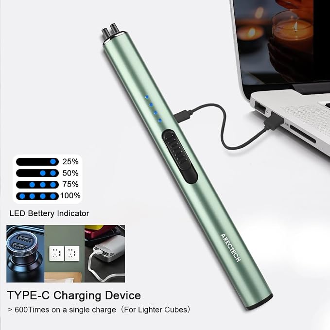 ARECTECH Electric Candle Rechargeable Lighter Arc Plasma Lighter for Candle Kitchen Camping Christmas Type-C Green Windproof