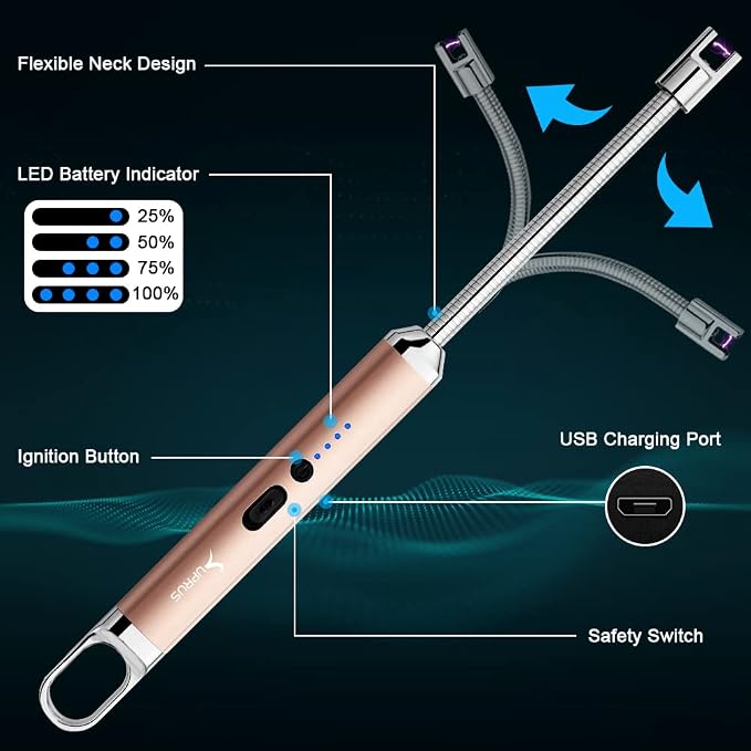 SUPRUS Rechargeable USB Arc Electric Lighetrs with Safety Switch 360° Flexible Neck Flameless Grill Long Lighters for Candle Camping Cooking (Champagne Gold, 2Packs)