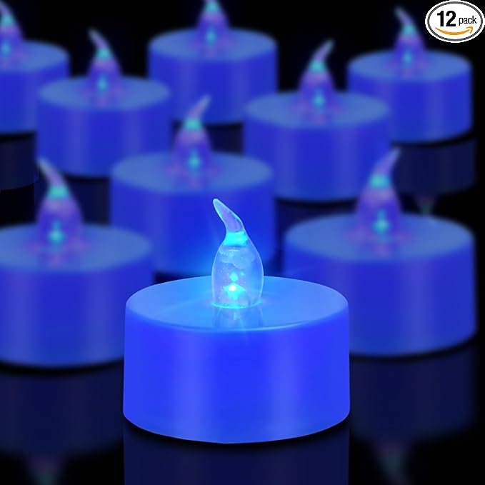Tea Lights Battery Operated Candles LED Tea Lights Flameless Candles 200+ Hours Flickering Fake Tealights for Sweetest Day Wedding Home Decorations Party (Blue Base, 24 Pack)