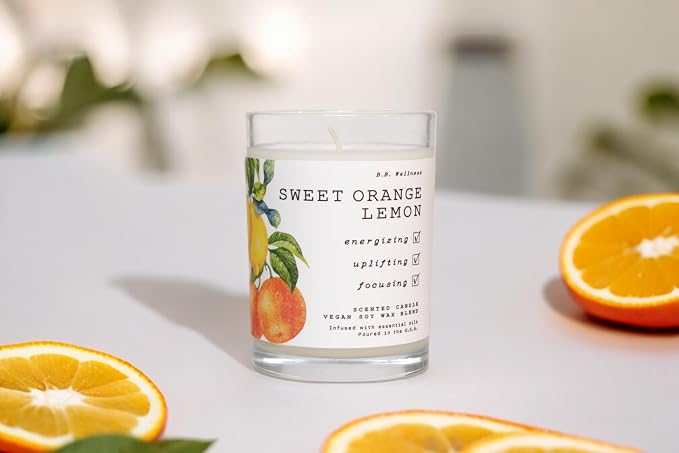 LEOBEN CO – Sweet Orange Lemon Scented Candle – 9oz, B.B. Wellness Collection Design – 50 hr Burn Time – Poured in California Using Vegan Soy Wax and Essential Oils – Made in Small Batches