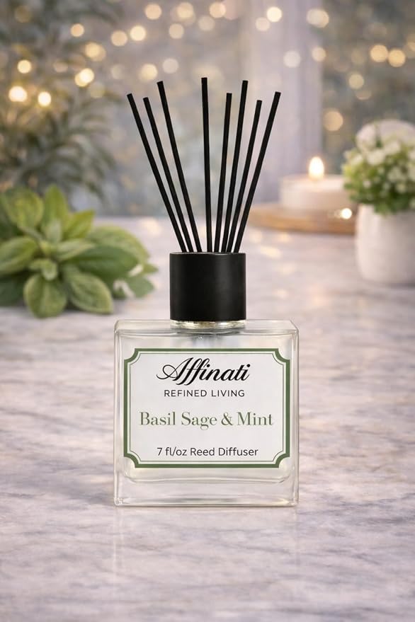 Affinati Basil, Sage & Mint Reed Diffuser – 7.0 fl oz Home Fragrance Diffuser with 8 Reeds – Long Lasting Flame Free Room Fragrance for Bedroom, Bathroom, Office & Living Room
