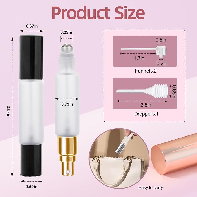 YOCASII 4PCS Dual End Bottle Set — Refillable Roll On Bottles for Essential Oils and Travel Spray Bottle Combo, Portable Perfume Atomizer & Roller Bottles for Castor Oil and Perfume
