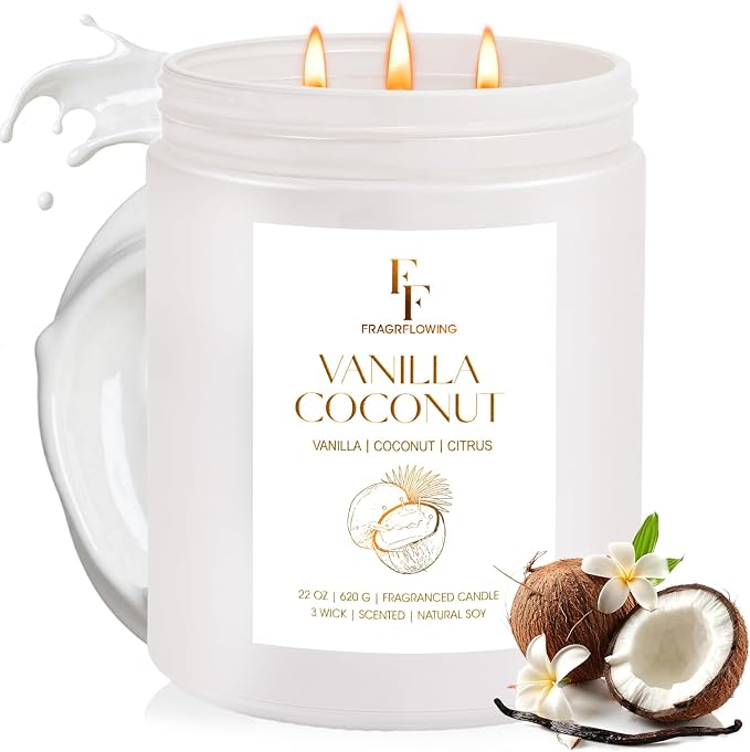Vanilla Coconut Large Scented Candle, 3-Wick 22oz Long Lasting Scented Candle, Natural Soy Wax Aromatherapy Candle for Home, Candle Gifts for Women Men