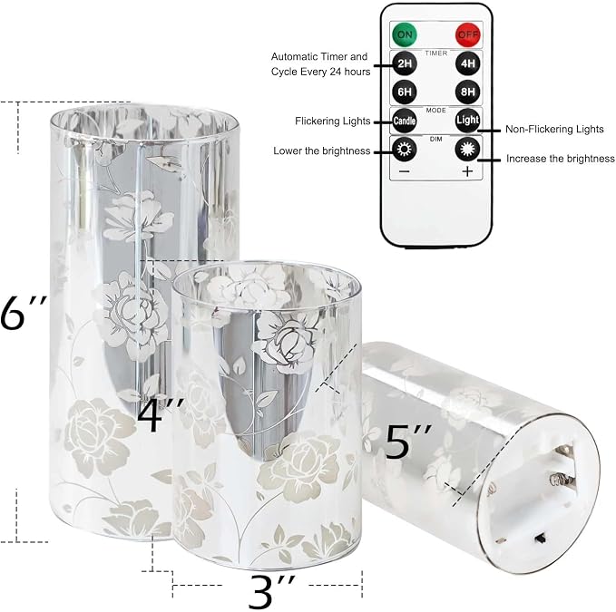 Floral Glass Flameless Candles Rose Romantic Battery Operated Candles with Remote Flickering LED Silver Real Wax Pillar Candle for Valentine's Day Wedding Party Home Christmas Decor, Set of 3