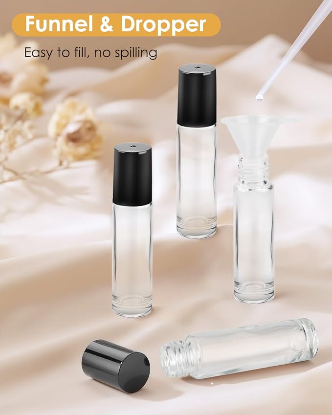 Worldgsb 4 Pack Essential Oil Roller Bottles, 10ml Refillable Clear Glass Roller Bottles with Stainless Steel Roller Balls and Caps for Travel, Perfume and Lip Gloss