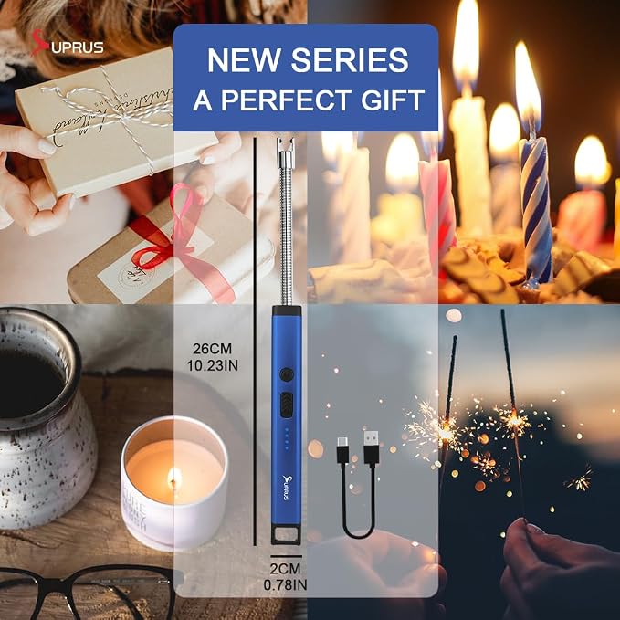SUPRUS Rechargeable Candle Lighter Electric Arc Triple Safety Long Lighter Stainless Steel Shell & Hanging Hook (Blue)