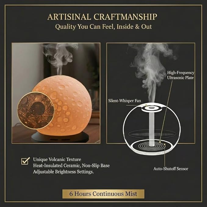 Moonlight Zen 200ml Ceramic Essential Oil Diffuser – Ultrasonic Aromatherapy Moon Lamp with 6H Mist, 3-Timer Settings, Auto-Shutoff & Amber LED Glow – Artisanal Lunar Decor for Home, Office & Spa