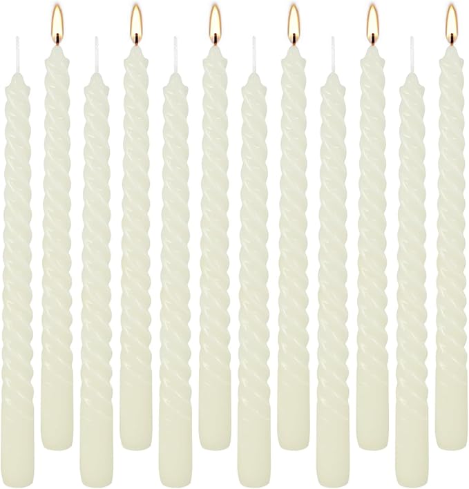 WPONSZU 10 Inch Ivory Spiral Taper Candle Set of 12 Pack Unscented Dripless Candlesticks for Valentine's Day,Dinner,Party,Brithday,Wedding,Christmas,and Home Decoration
