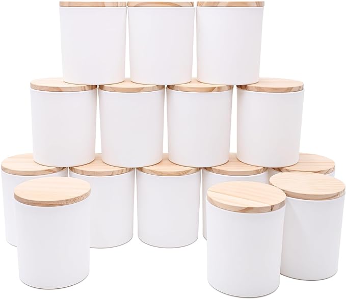 SHOWIN 10 OZ Thick Candle Jars for Making Candles 15 Pcs, Empty Jars with Wood Lids for Candle Making, Sample Container, Matte White