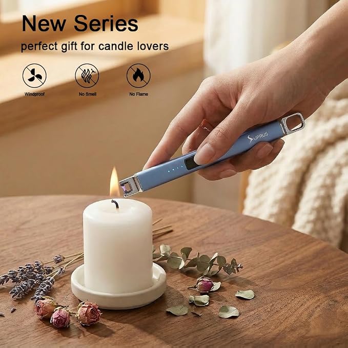 SUPRUS Candle Lighter Arc Electric Lighter Windproof Flameless with Safety Switch for Camping BBQ Birthday, Giftbox for Mom Wife Friend (Blue)