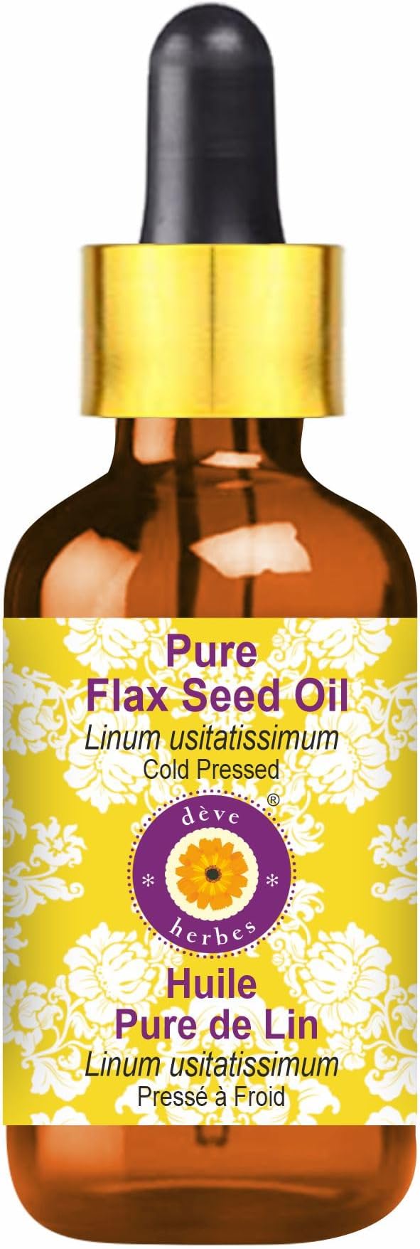 dève herbes Flax Seed Oil (Linum usitatissimum) with Glass Dropper | Cold Pressed | Pure | Natural | for Diluting Essential Oils | Skin & Massage | Non-Sticky | Lightweight | Unisex | 15ml (0.50 oz)