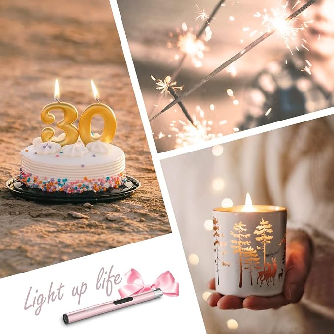 Candle Lighter Electric Updated with LED Battery Display Safety Switch, USB Rechargeable Lighter Flameless Windproof Arc Long Lighters for Candle Grill Fireworks Pink
