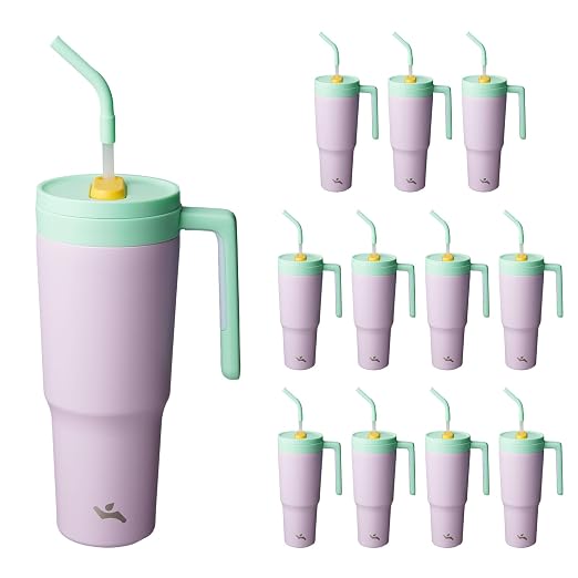 Konokyo 12 Pack 40 Oz Tumblers with Handle and Straw, Bulk Vacuum Insulated Stainless Steel Travel Mugs with Lids for Office, Events and Group Orders Purple