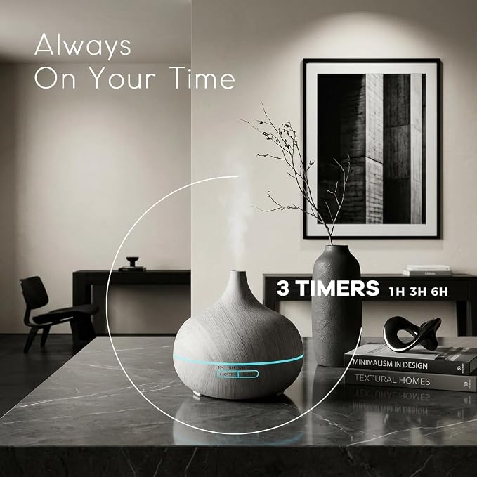 550ml Essential Oil Diffusers with Remote Control, Ultrasonic Oil Diffuser with Timer，7 Color LED Night Light and Waterless Auto-Off Functions for Home, Spa White Wood Grain