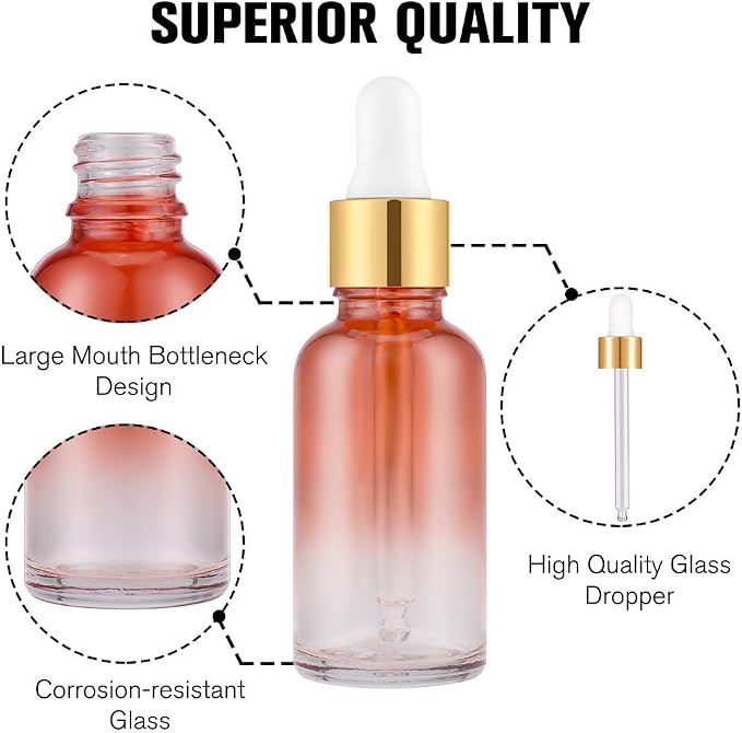 PrettyCare Glass Eye Dropper Bottles 99 Pack, 1oz (30ml) Rainbow Empty Thick Bottles Bulk with Leakproof Golden Caps - With Labels & Funnels for Storage, Travel, Essential Oils, Cuticle, Tinctures