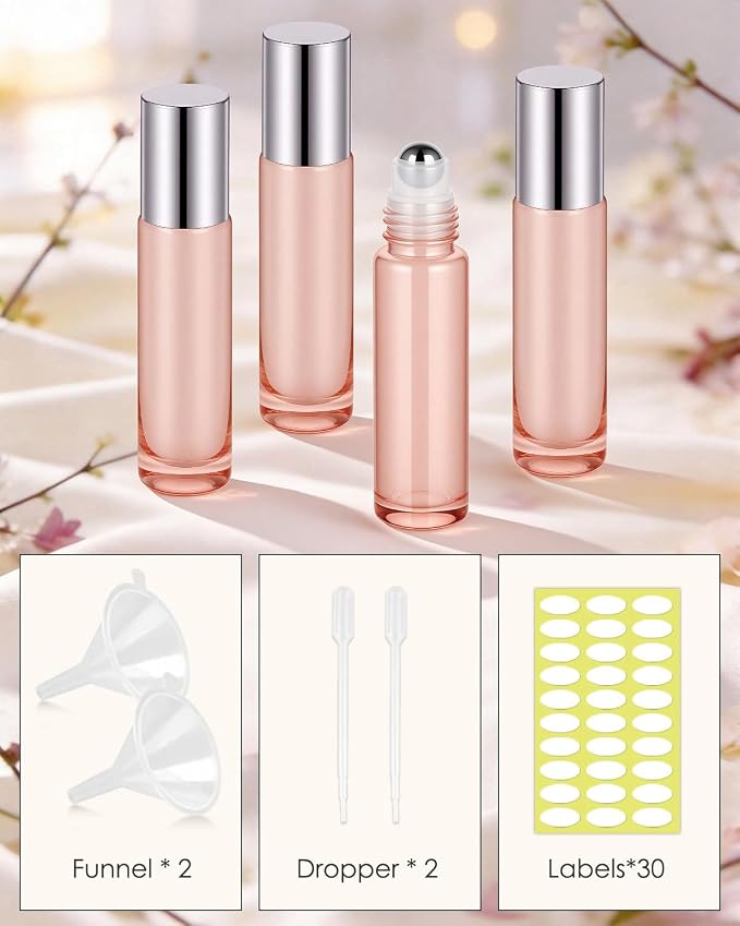 Worldgsb 25 Pack Essential Oil Roller Bottles, 10ml Refillable Glass Roller Bottles with Stainless Steel Roller Balls and Caps for Travel, Perfume and Lip Gloss Rose Gold