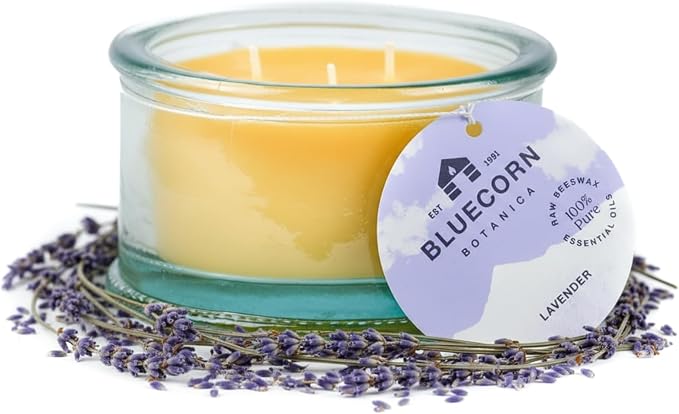 Bluecorn Botanica Beeswax 3-Wick Candle – Lavender, 100% Pure Beeswax & Essential Oils – 10oz Hand-Blown Recycled Spanish Glass – Non Toxic, Clean Burning, Refillable Glass Jar