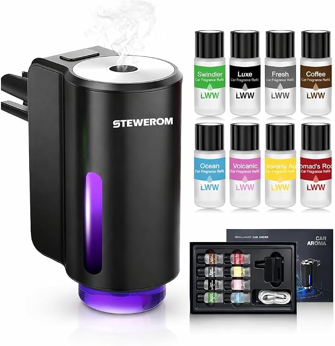 Car Air Freshener - Smart Adjustable 3-Speed Intensity, Rechargeable Humidifier Car Essential Oil Diffuser - Comes with 8 Bottles of 10ml Perfume (Black)