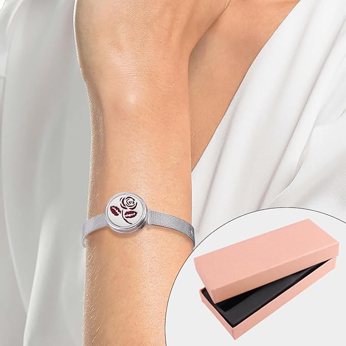 Essential Oil Diffuser Bracelet with Gift Box Aromatherapy Locket Adjustable Stainless Steel Rose Watch Chain Bracelet with 10 Pcs Refill Pads for Women