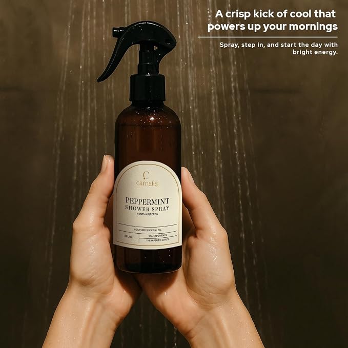 Carnatia Peppermint Shower Spray – Aromatherapy Essential Oil Mist for Showers | Spa-Like Refreshing Steam Experience | 4 fl oz Trigger Pump Spray for Focus & Energy