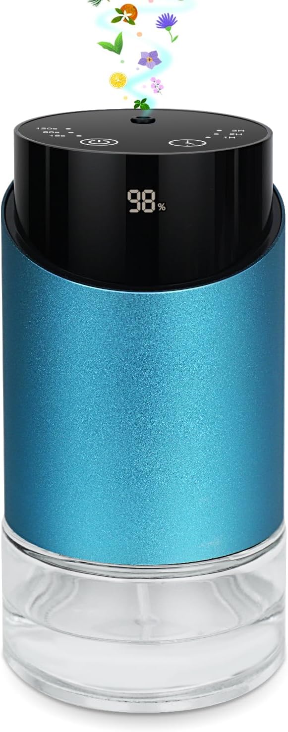 Waterless Essential Oil Diffuser for Home Rechargeable Aluminum Alloy Scent Diffusers with 4 Timer Settings, 3 Mist Levels with Vehicle Mode for Car Room Studio Office, Black Metal,100ml (Blue)