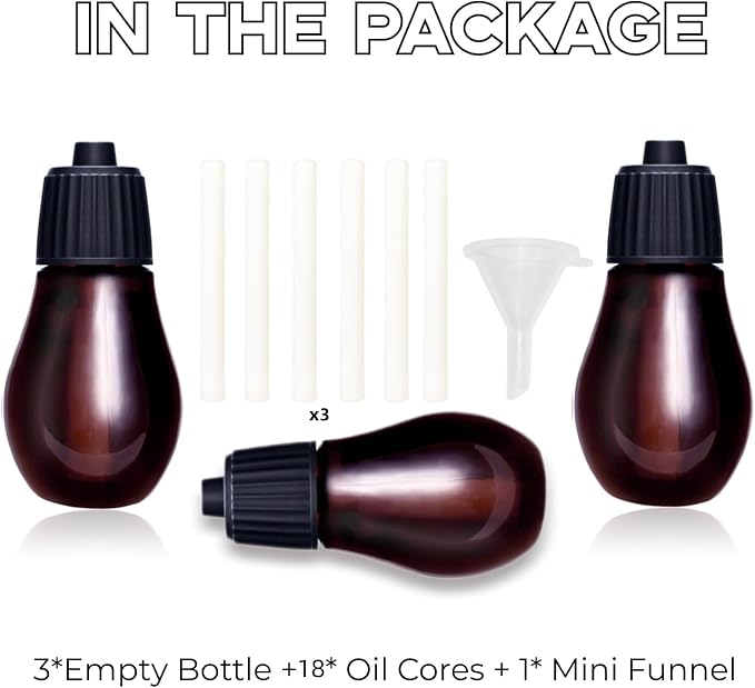 20ml Empty Glass Bottles 3Pcs +18 Oil Cores +1 Mini Funnel - Refillable Liquid Storage Vials Test Container- Great for Essential Oils Perfumes and DIY Aromatherapy Fits Waterless Diffuser